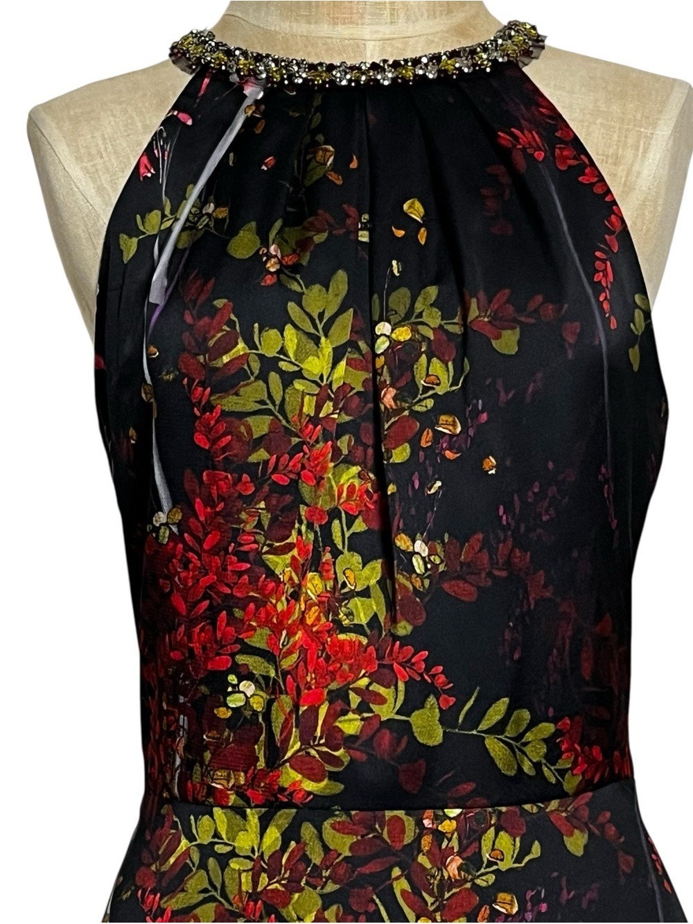 Rickie Freeman Teri Jon Floral-Print Charmeuse Bejeweled Halter Dress Size 8 - Picture 6 of 15